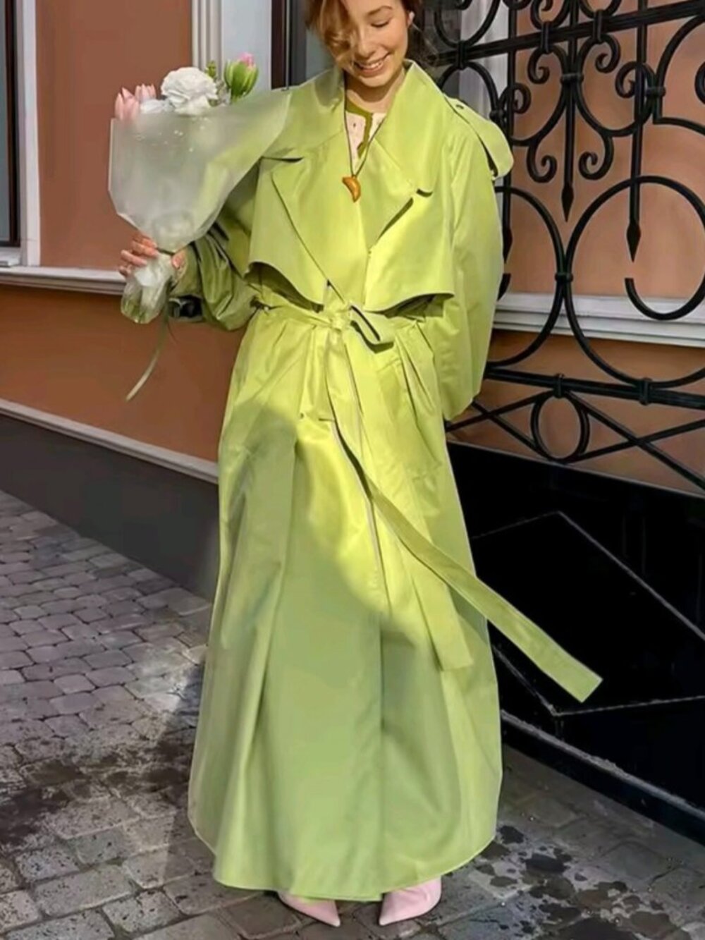 Fashion Green Lapel Loose Coat Chic Women Lace-up Detail Long Sleeve Jacket Casu